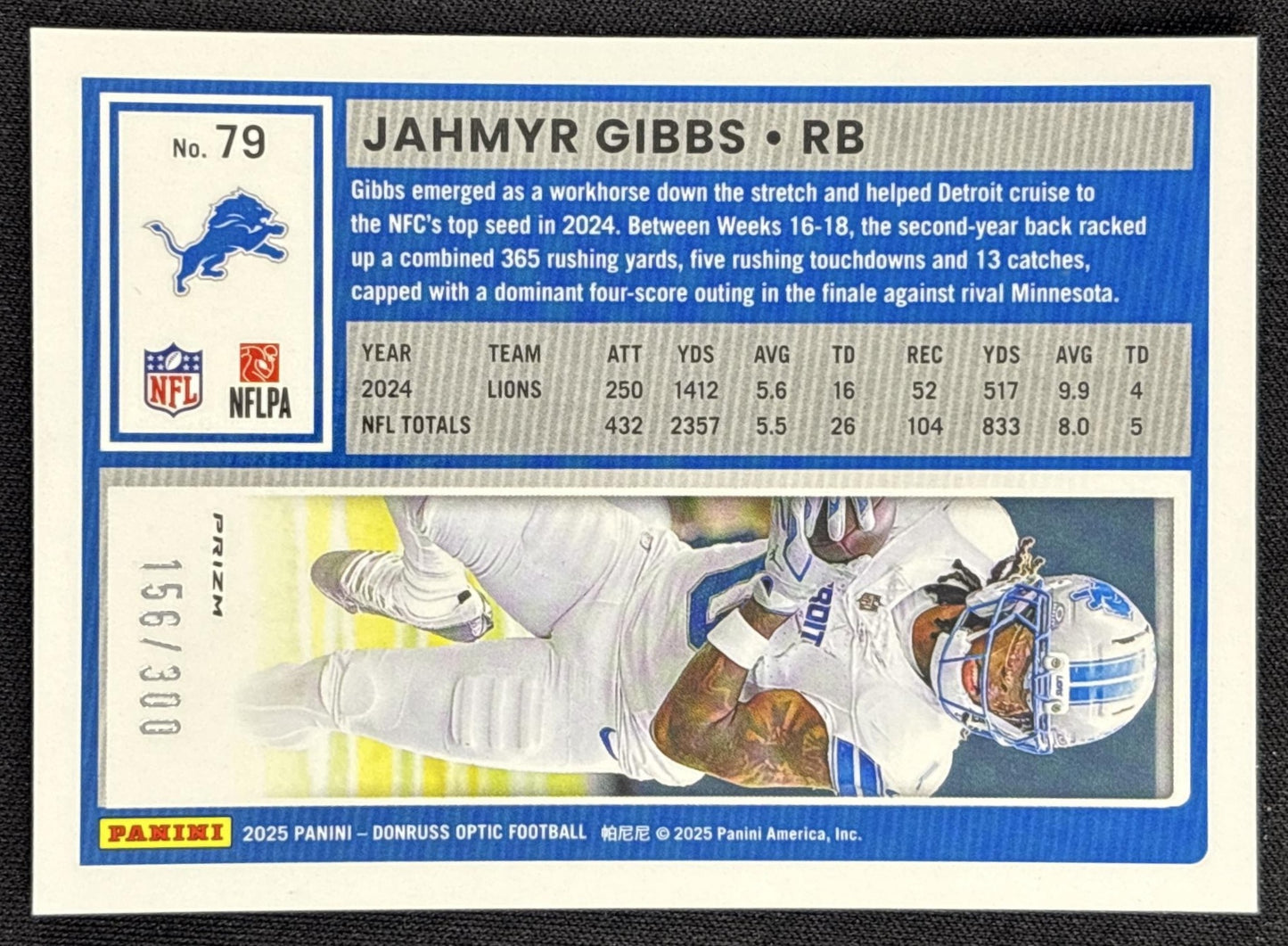 Jahmyr Gibbs 2025 Panini Donruss Optic Wave Prizm /300 Lions