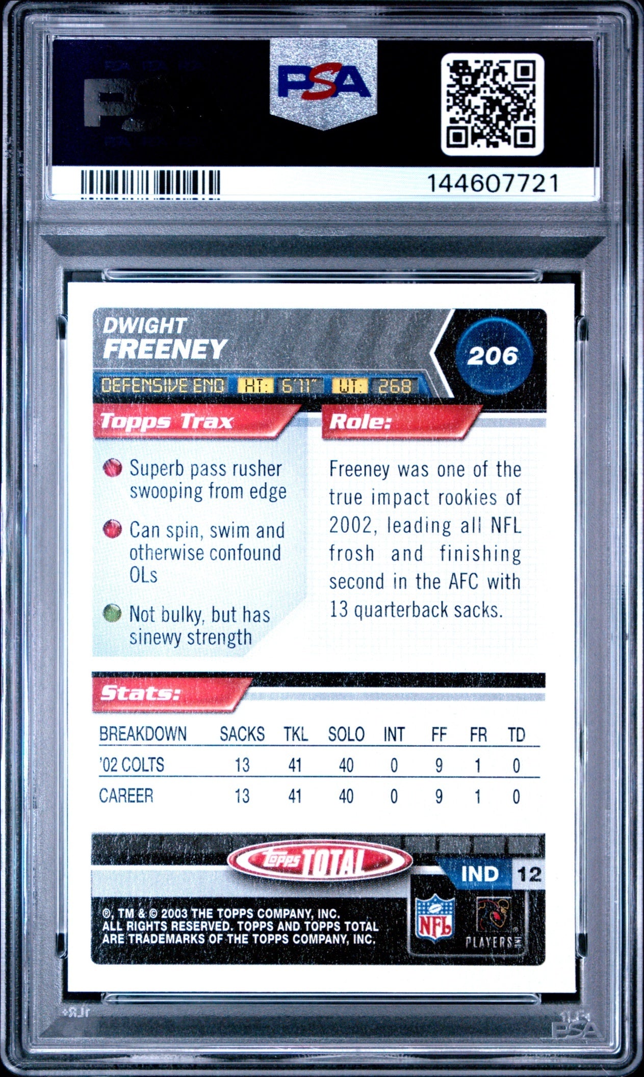 Dwight Freeney 2003 Topps Total PSA 10 Colts back