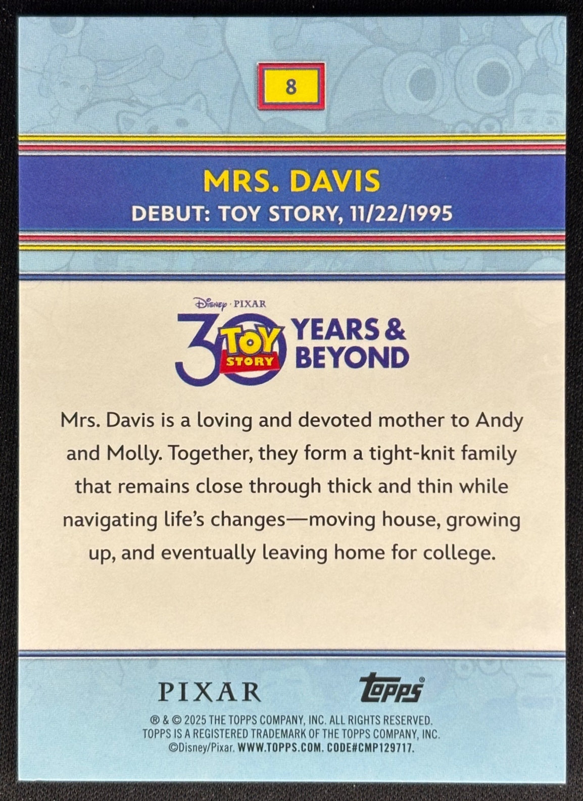 Mrs. Davis 2025 Topps Pixar Crystal 30 Years of Toy Story Aqua Foil /199 Non-Sports Trading Cards