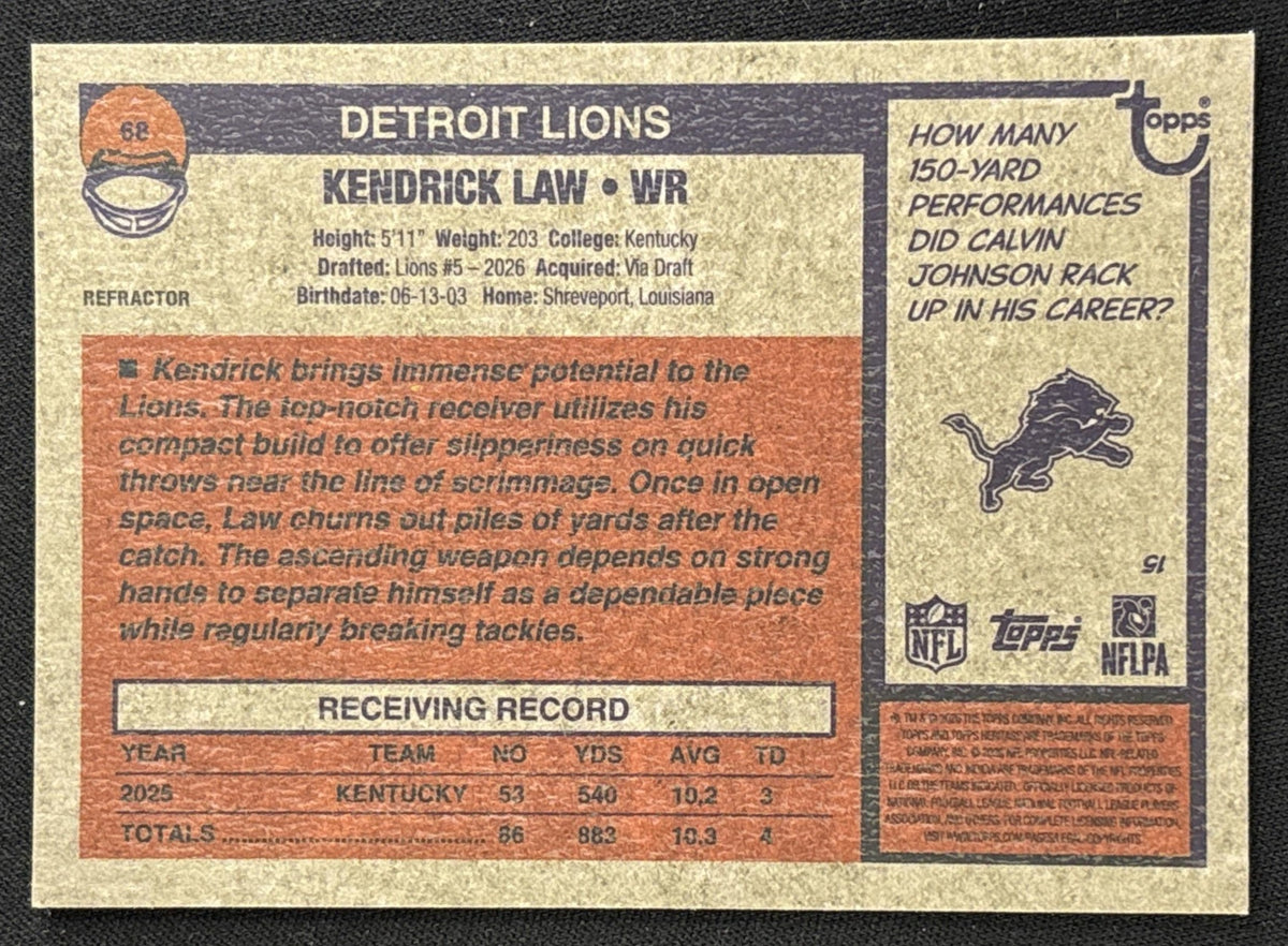 Kendrick Law 2026 Topps Heritage Chrome Refractor Lions Sports Trading Card