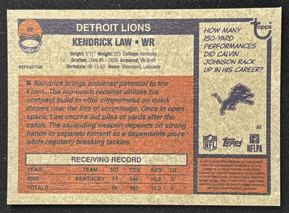 Kendrick Law 2026 Topps Heritage Chrome Refractor Lions Sports Trading Card