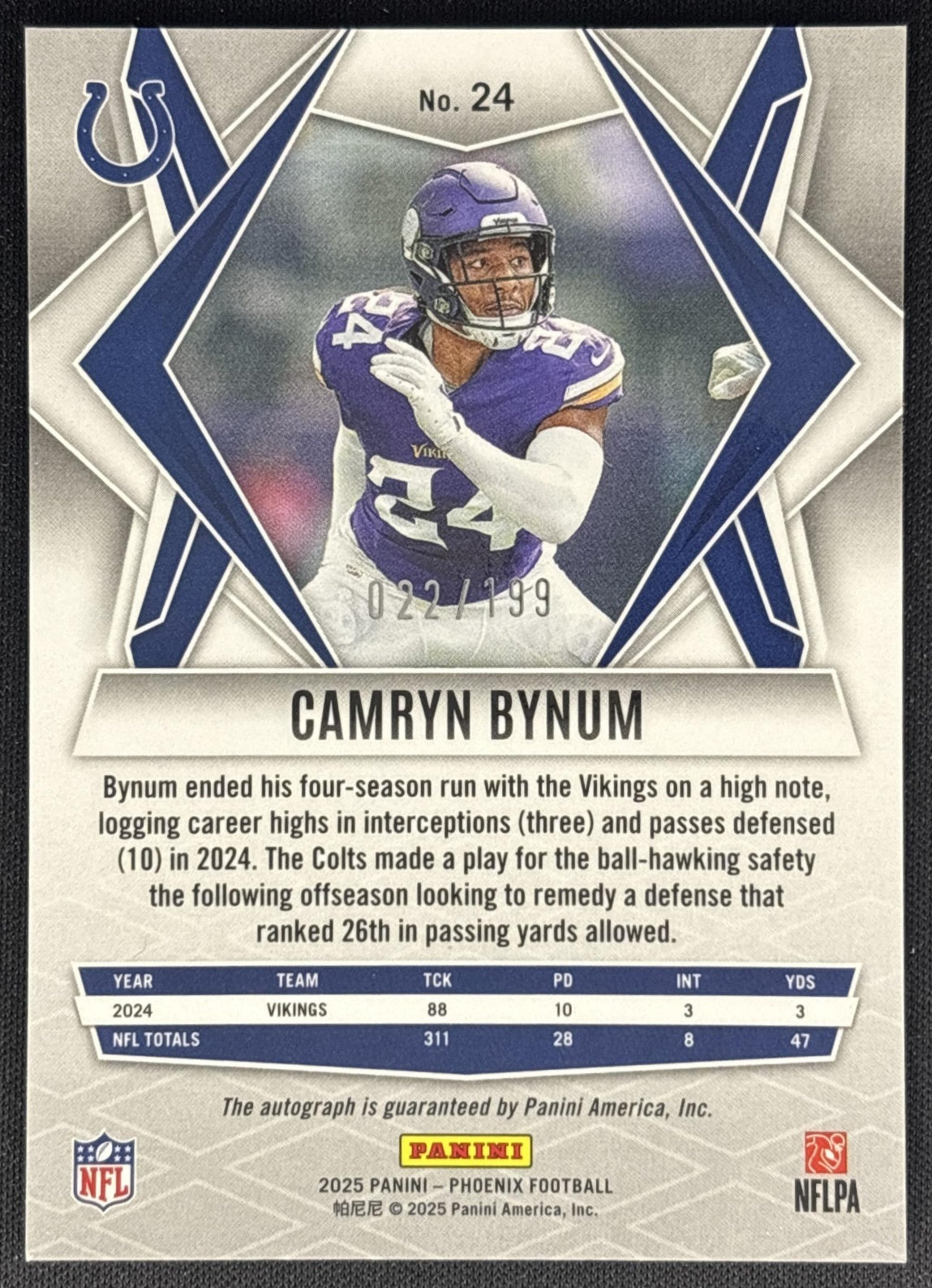 Camryn Bynum 2025 Panini Phoenix Auto /199 Colts Sports Trading Cards