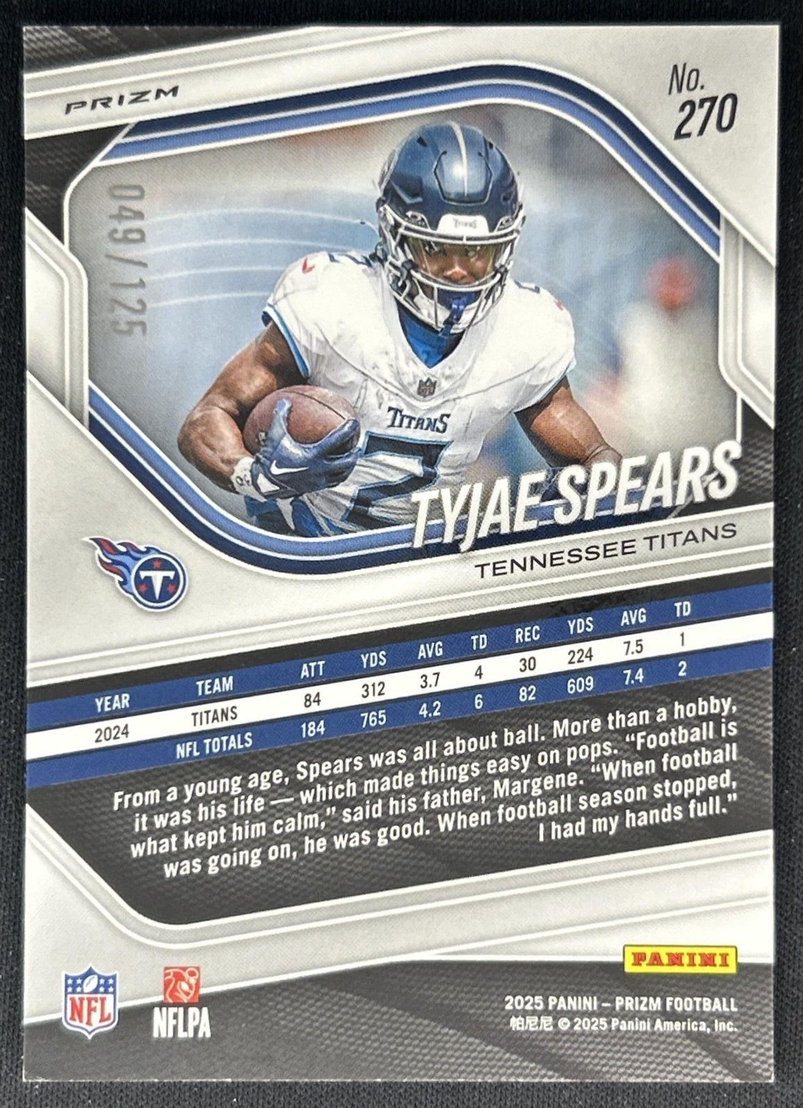 Tyjae Spears 2025 Panini Prizm Purple /125 Titans