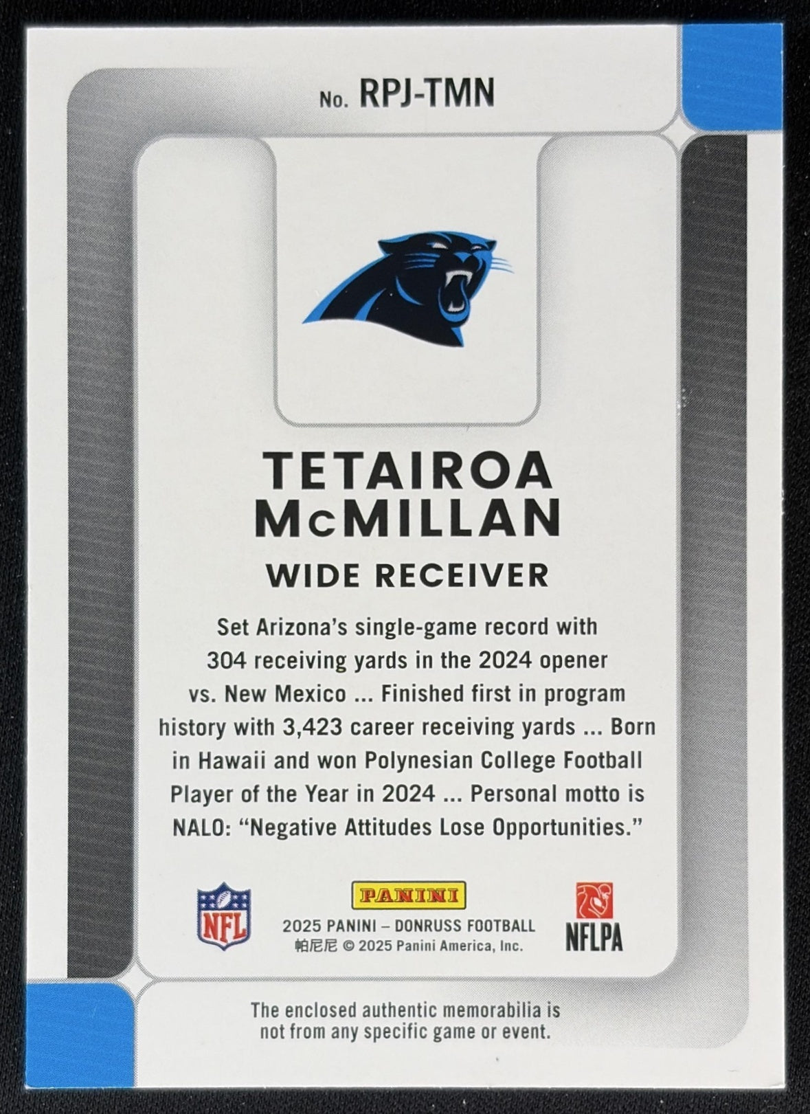 Tetairoa McMillan 2025 Panini Donruss Rookie Phenom Jerseys Panthers back