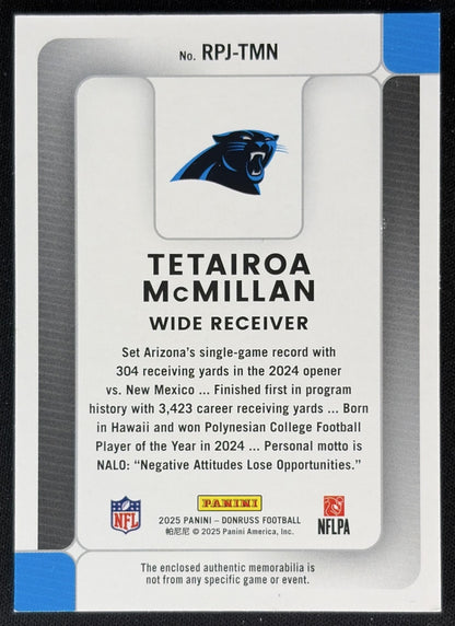 Tetairoa McMillan 2025 Panini Donruss Rookie Phenom Jerseys Panthers back