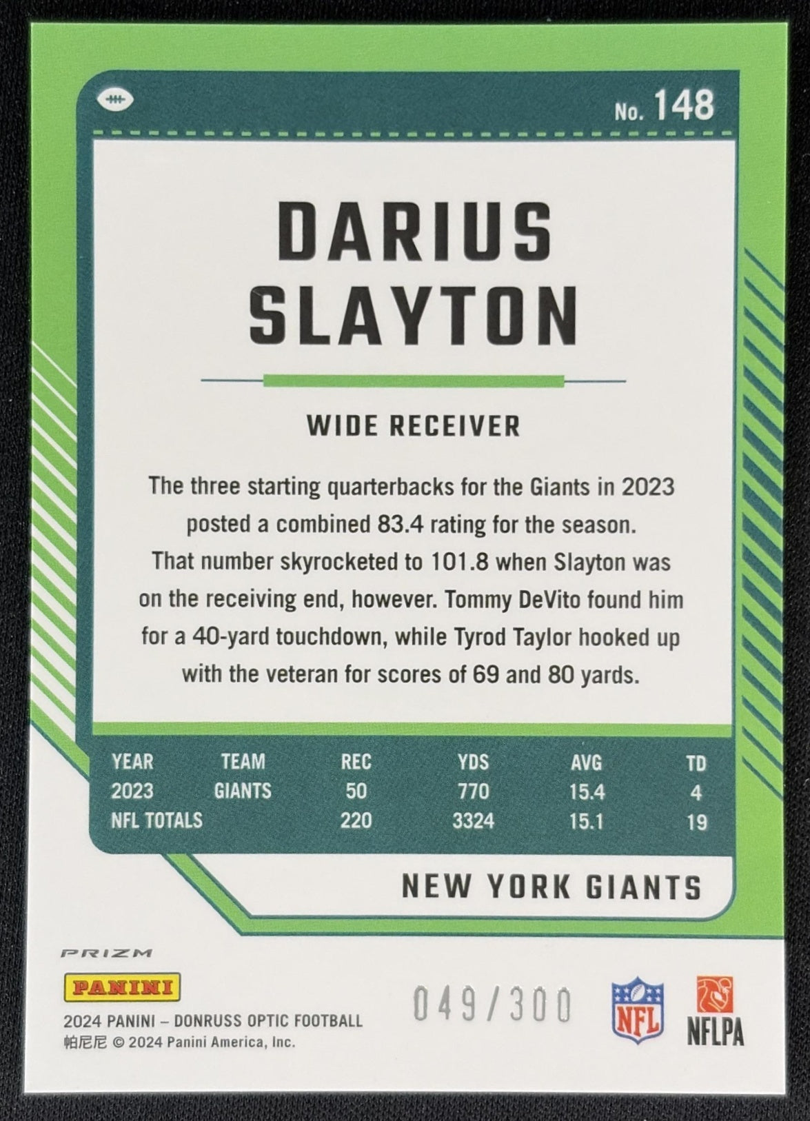 Darius Slayton 2024 Panini Donruss Optic Wave /300 Giants back