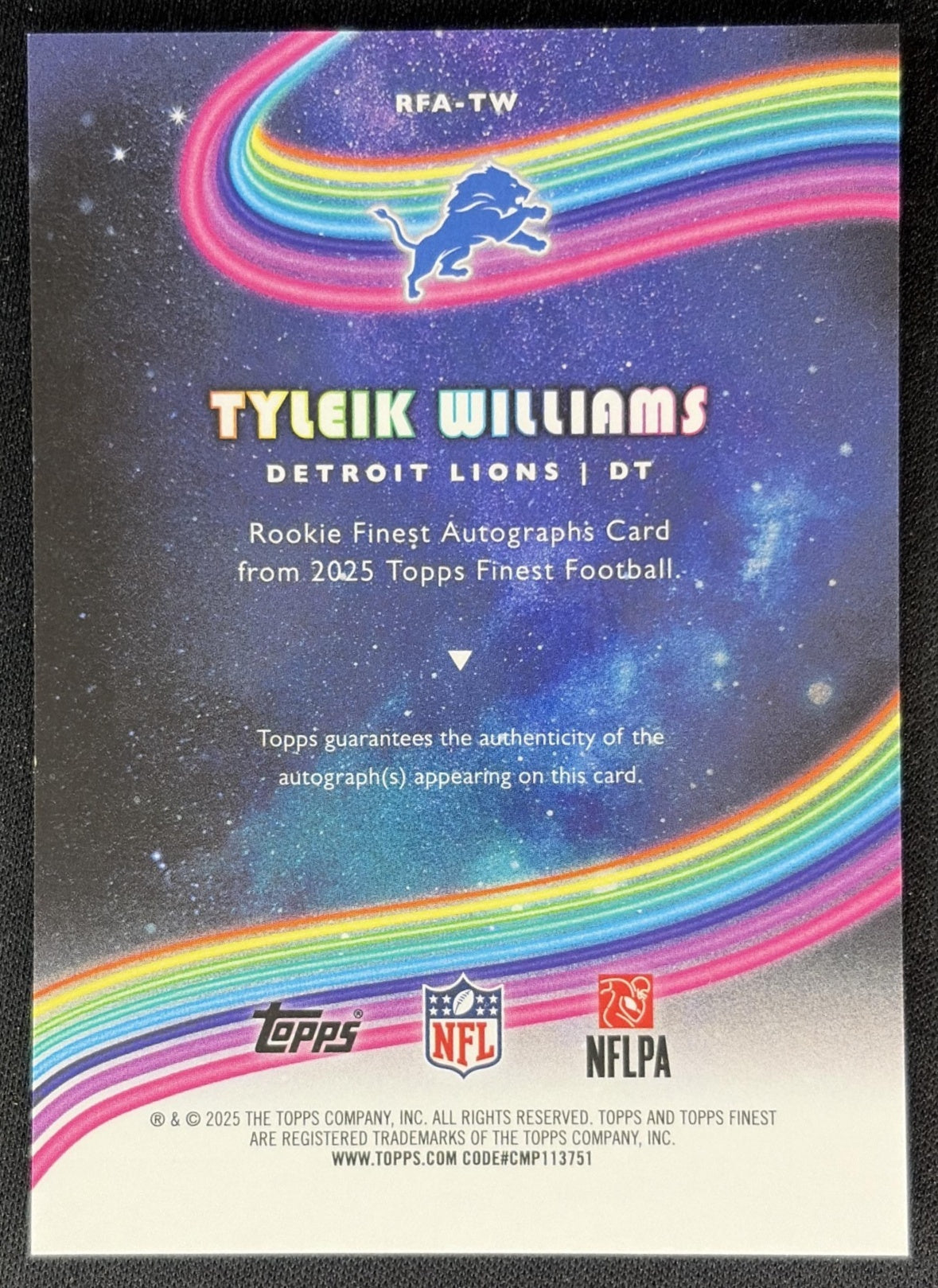Tyleik Williams 2025 Topps Finest Rookie Auto Lions back