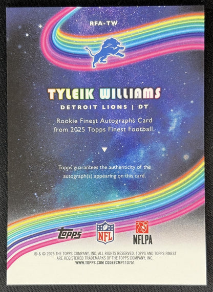 Tyleik Williams 2025 Topps Finest Rookie Auto Lions back