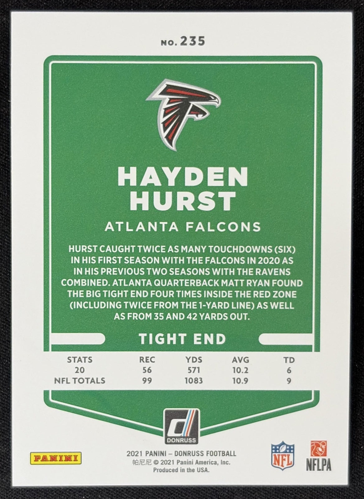 Hayden Hurst 2021 Panini Donruss Press Proof Premium Falcons - Atlanta Falcons