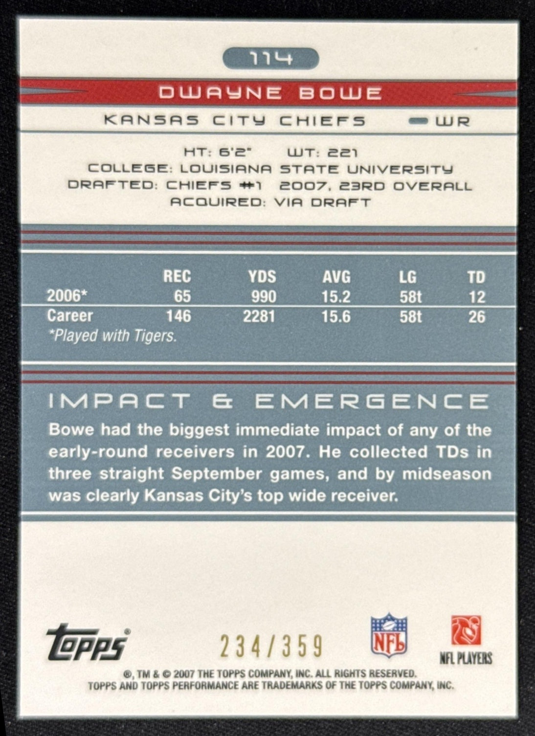 Dwayne Bowe 2007 Topps Performance /359 Chiefs
