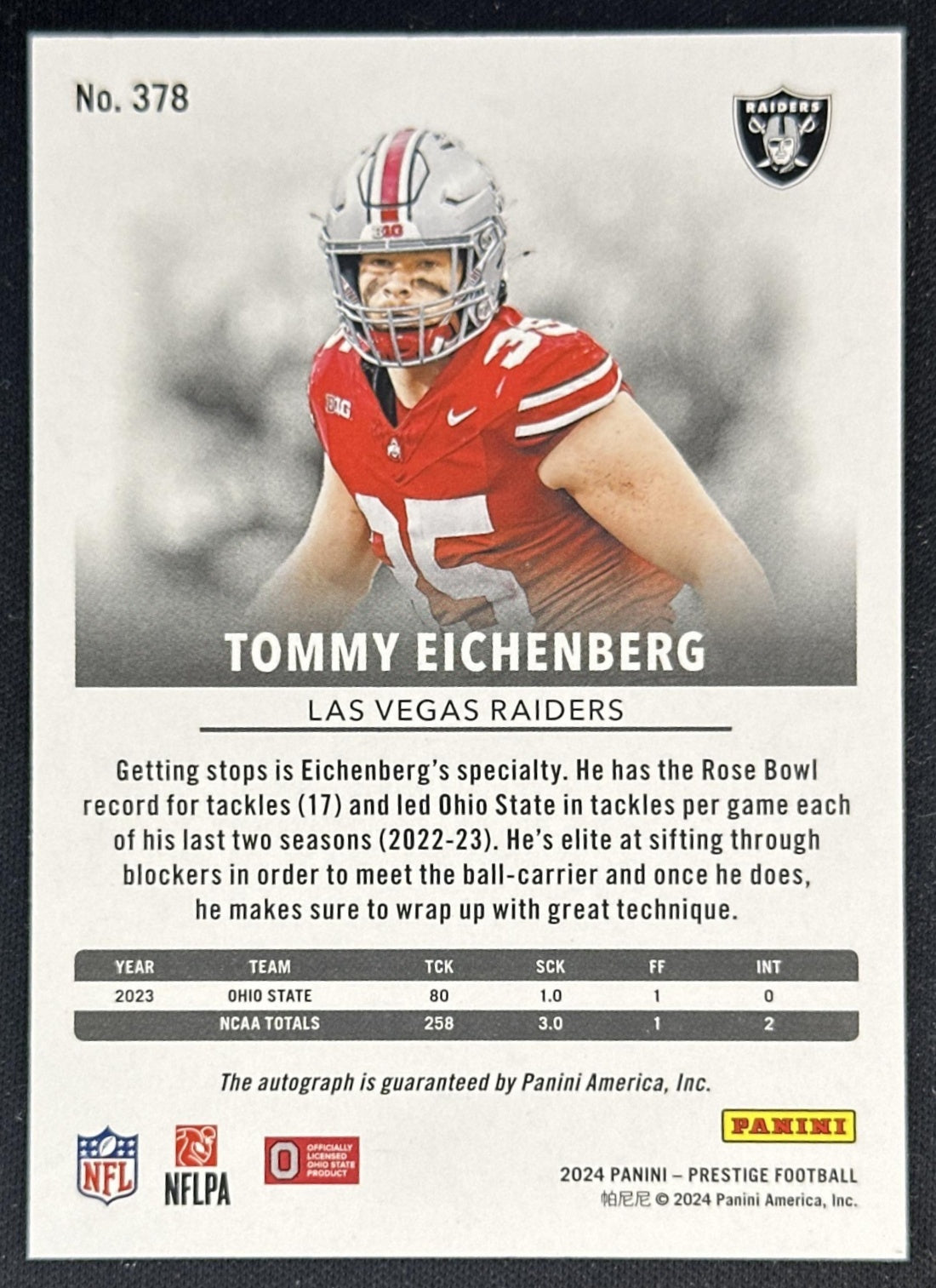 Tommy Eichenberg 2024 Panini Prestige Xtra Points Signatures Premium Raiders Sports Trading Cards