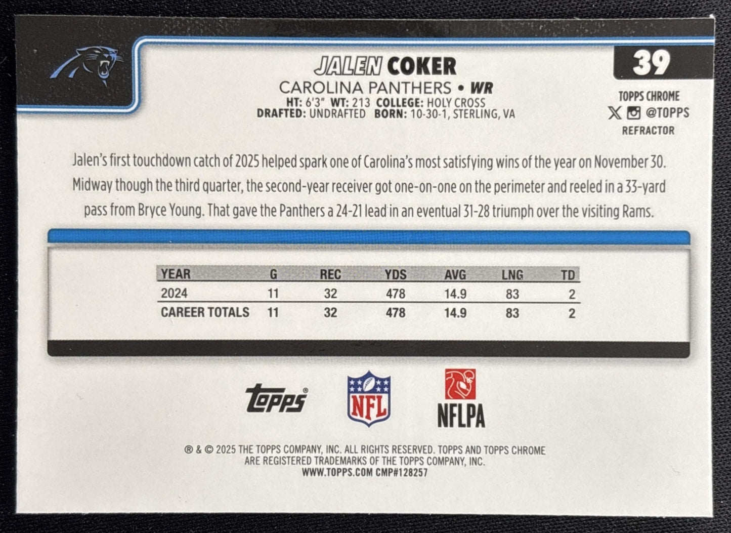 Jalen Coker 2025 Topps Chrome Refractor Panthers Sports Trading Cards