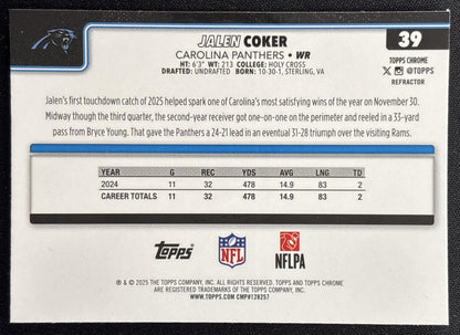 Jalen Coker 2025 Topps Chrome Refractor Panthers Sports Trading Cards