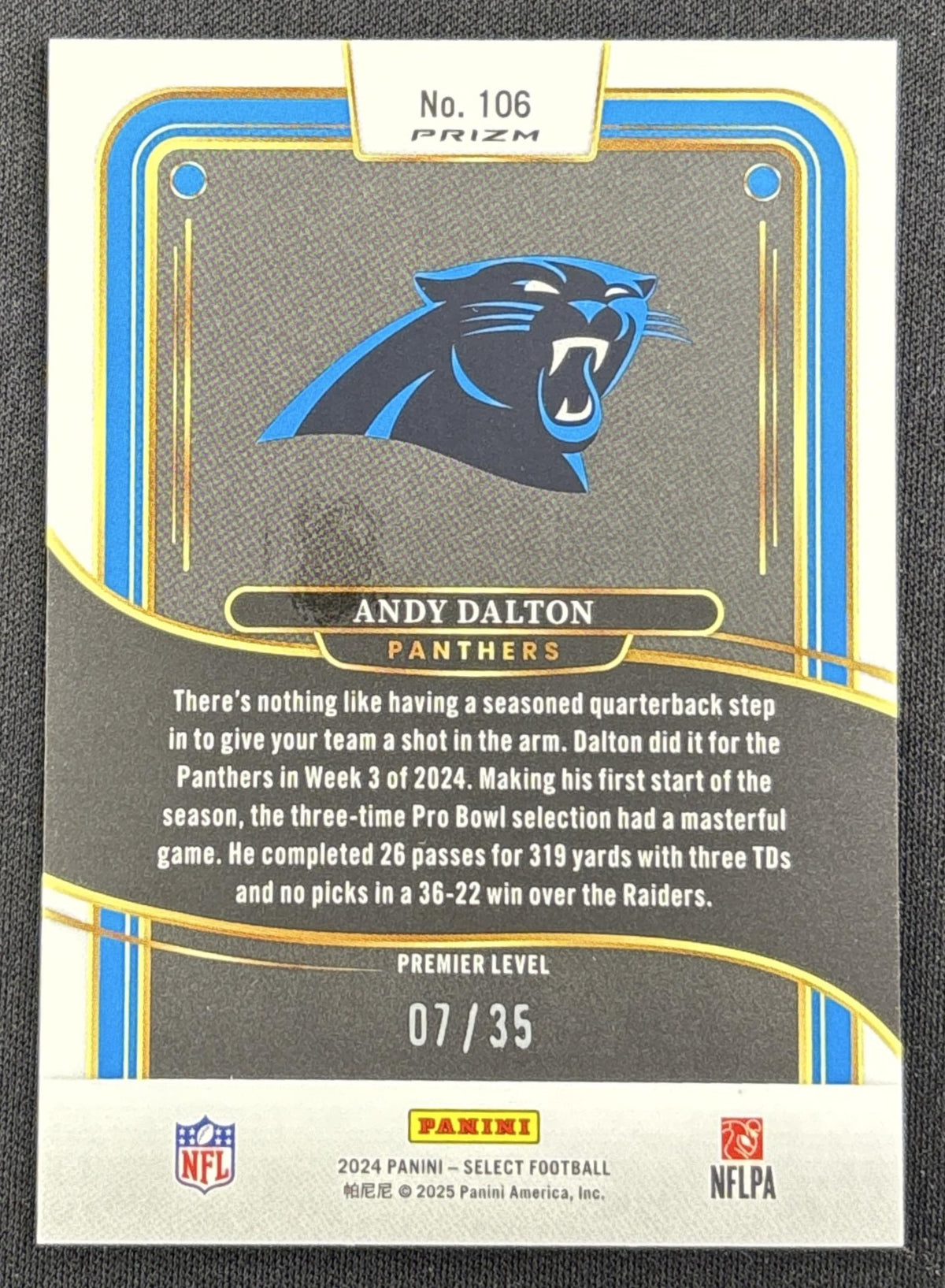 Andy Dalton 2024 Panini Select Premier Blue and Orange Prizm Shock /35 Panthers