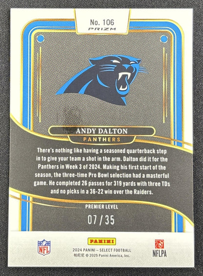 Andy Dalton 2024 Panini Select Premier Blue and Orange Prizm Shock /35 Panthers