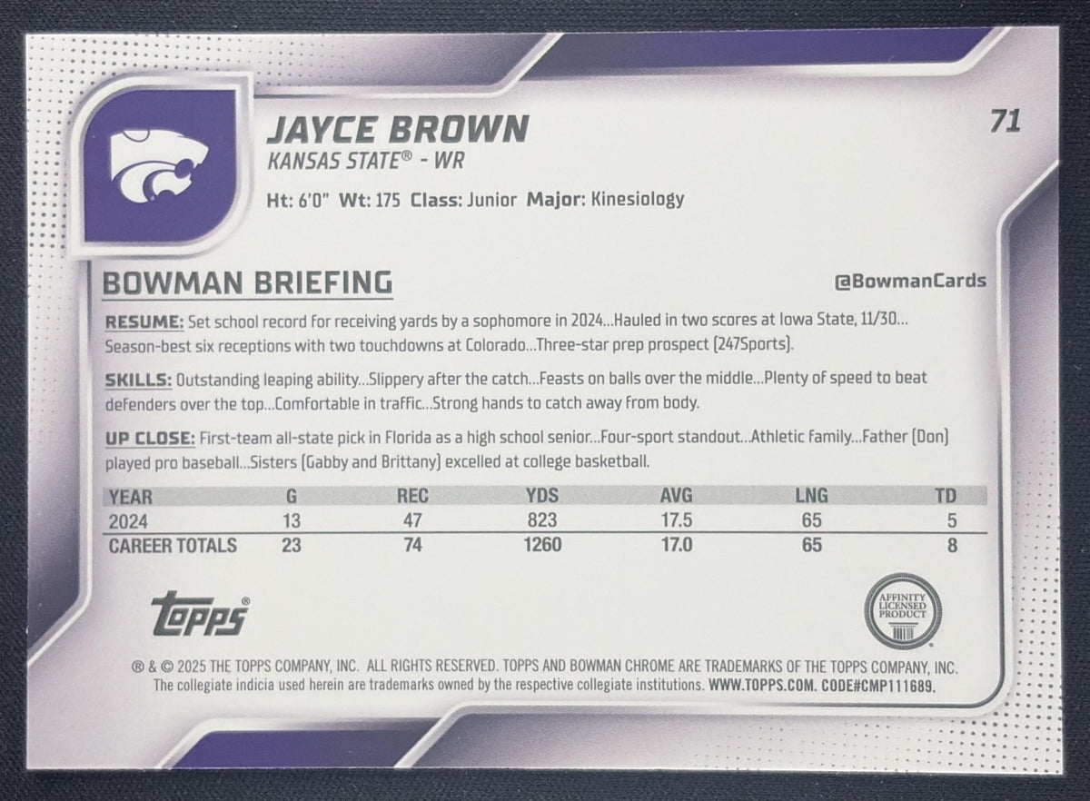 Jayce Brown 2025 Bowman Chrome University Prospects Lime Green Refractor /275 Wildcats