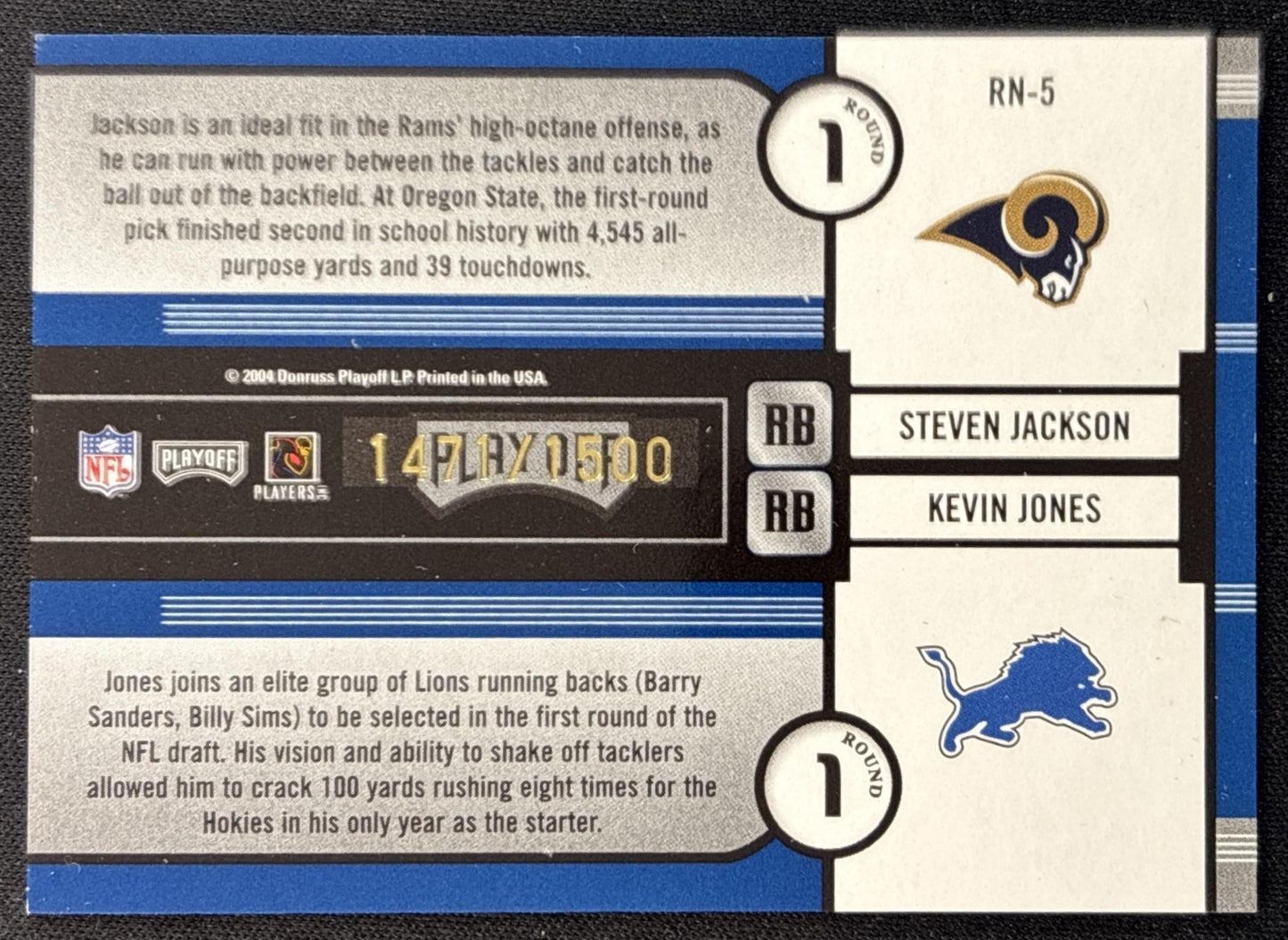 Steven Jackson Kevin Jones 2004 Playoff Contenders Round Numbers Blue /1500 back