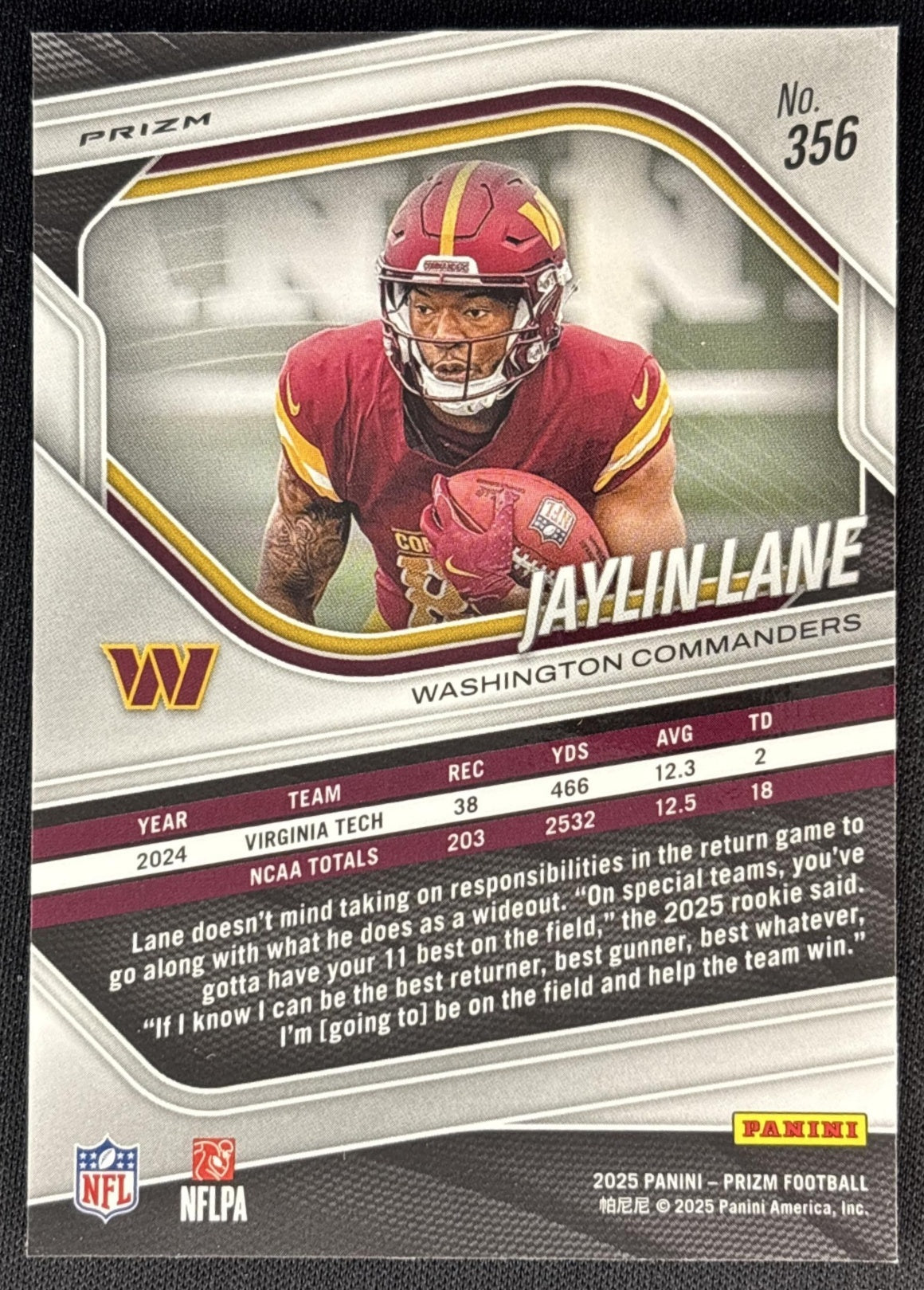 Jaylin Lane 2025 Panini Prizm Silver Commanders back
