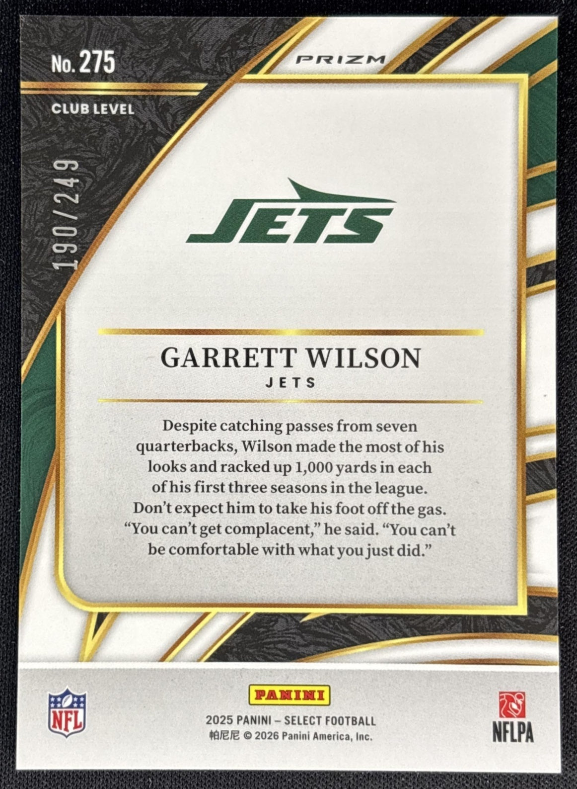 Garrett Wilson 2025 Panini Select Club Level Tri-Color Prizm /249 Jets back