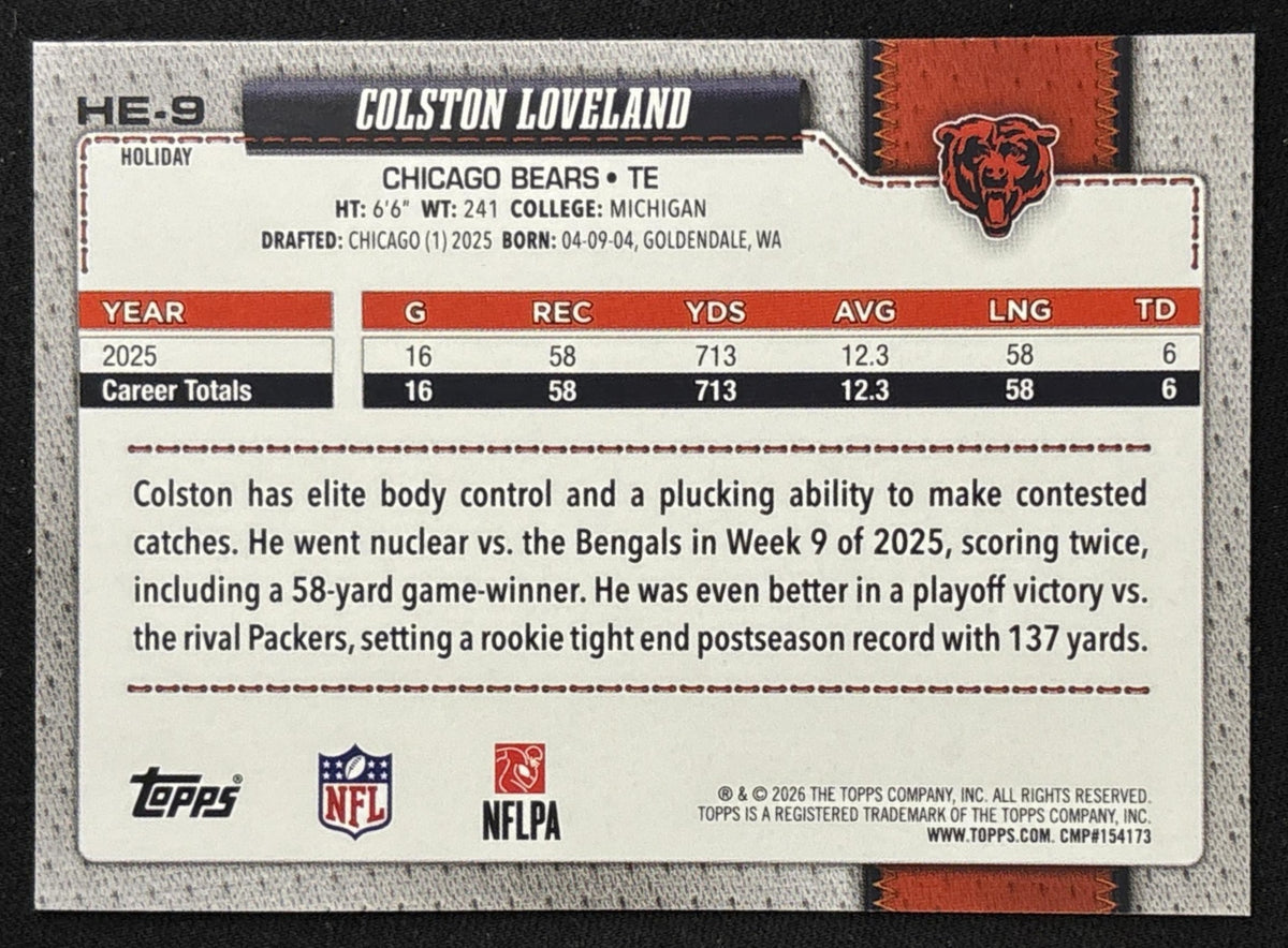 Colston Loveland 2026 Topps Holiday Hidden Elf Bears Sports Trading Card