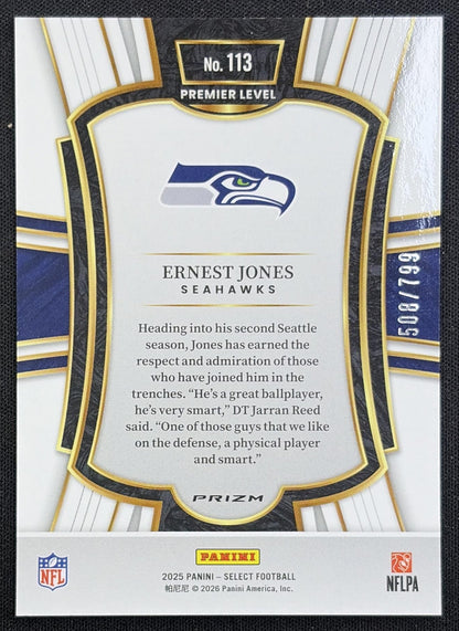 Ernest Jones 2025 Panini Select Premier Level White Prizm Shock /799 Seahawks back