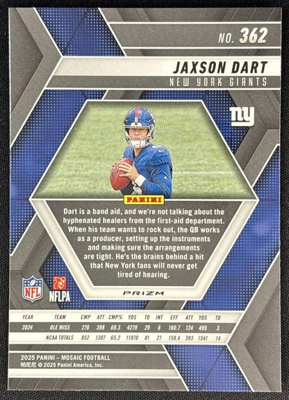 Jaxson Dart 2025 Panini Mosaic Rookies Reactive Purple Prizm Giants back