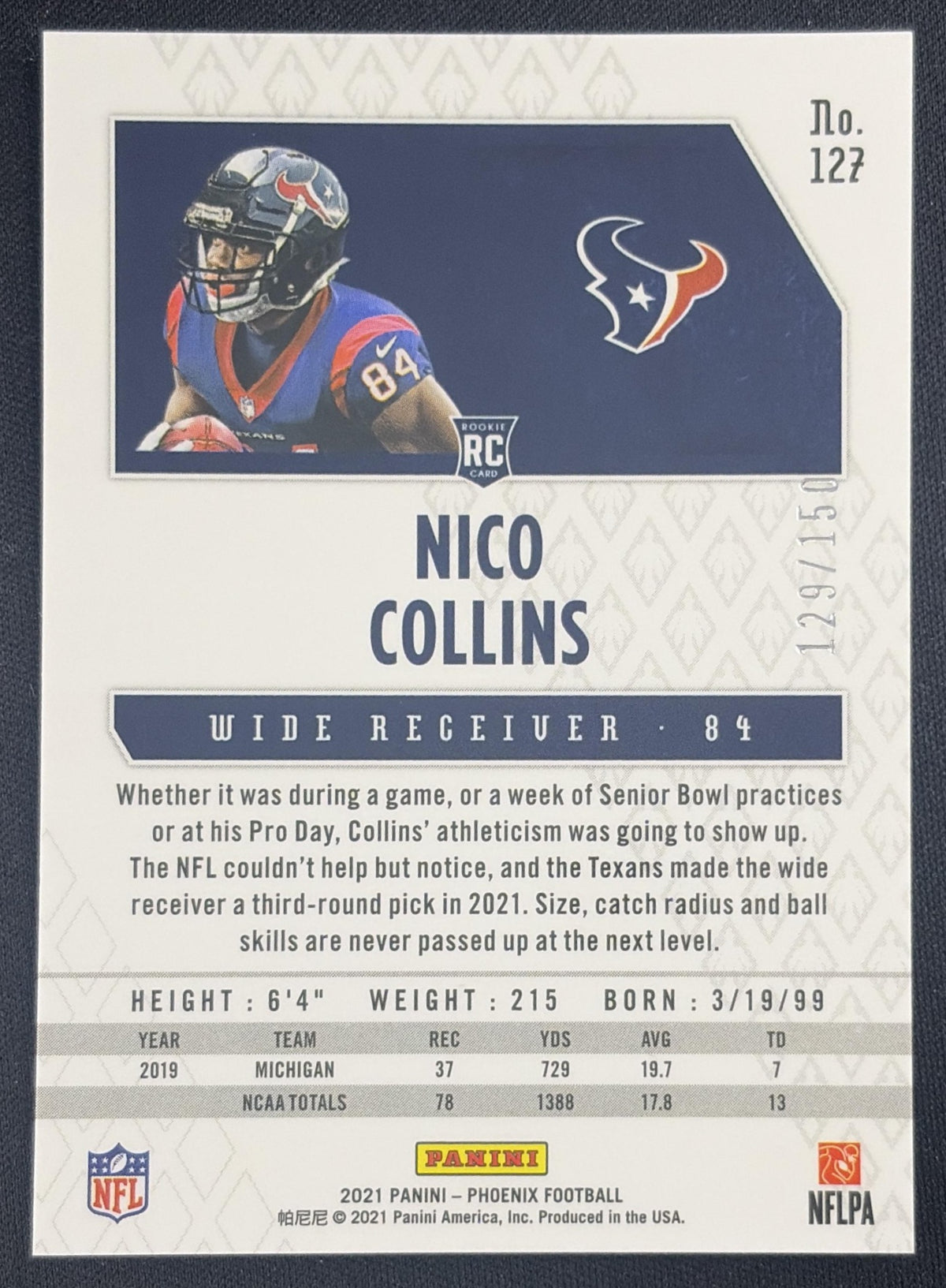 Nico Collins 2021 Panini Phoenix Teal /150 Texans Sports Trading Card