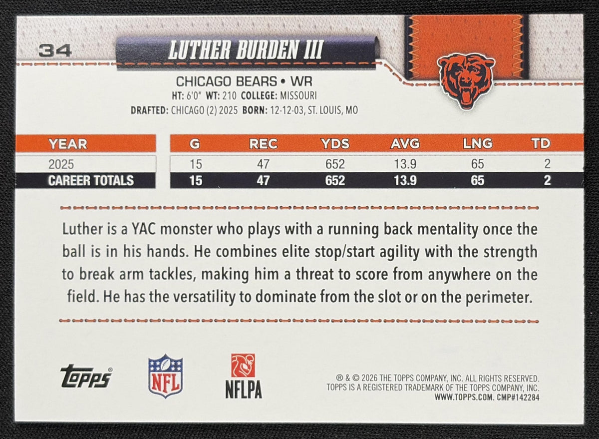 Luther Burden III 2026 Topps Rainbow Foil Bears back