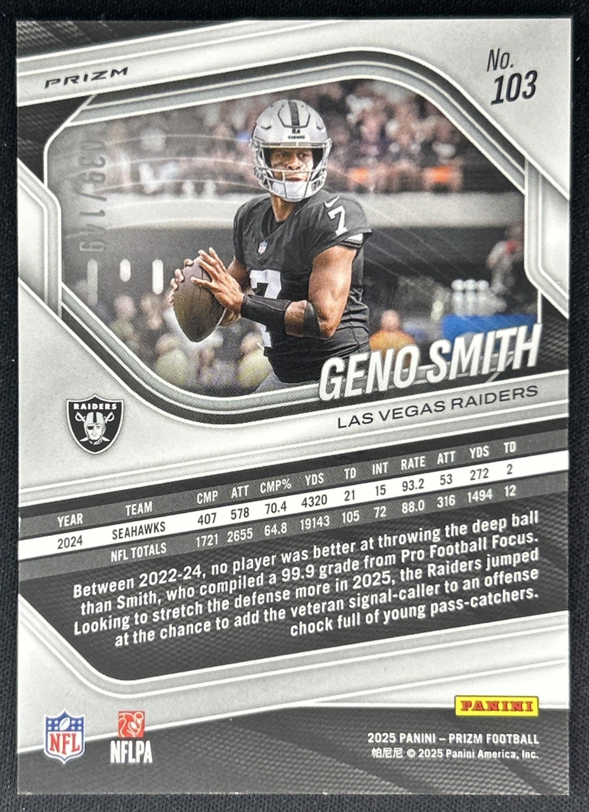 Geno Smith 2025 Panini Prizm Red Wave /149 Raiders Back
