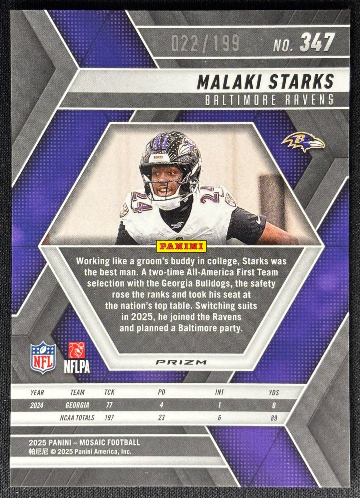 Malaki Starks 2025 Mosaic Rookies Orange Prizm /199 Ravens - Back
