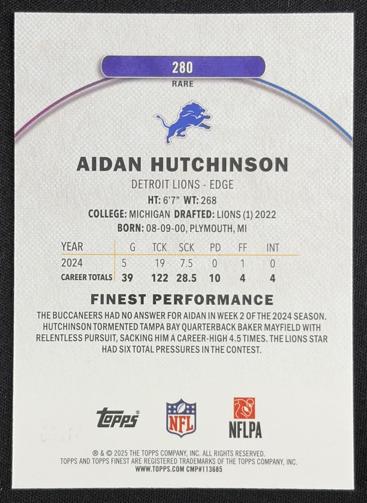 Aidan Hutchinson 2025 Topps Finest Rare Purple X-Fractor /75 Detroit Lions