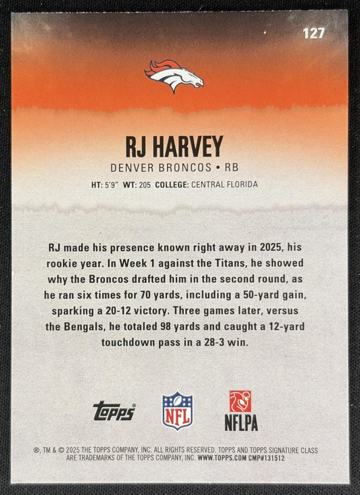RJ Harvey 2025 Topps Signature Class Rookie Blue & Yellow Foil Broncos back
