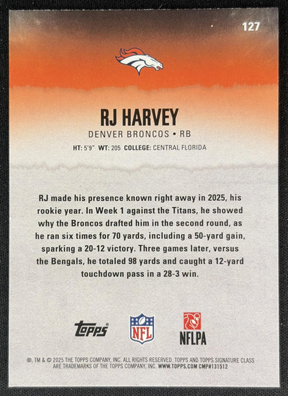 RJ Harvey 2025 Topps Signature Class Rookie Blue & Yellow Foil Broncos back