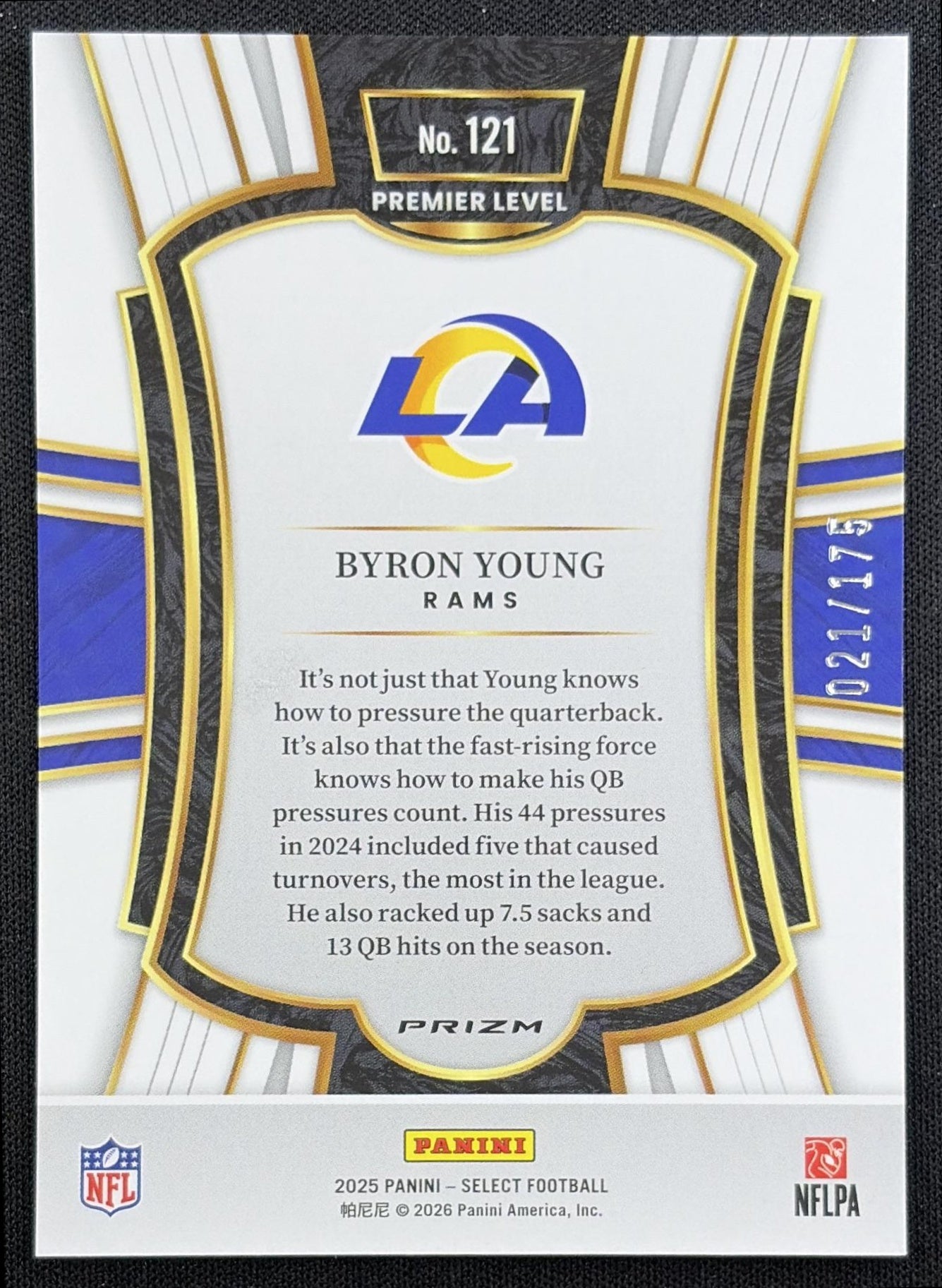 Byron Young 2025 Panini Select Premier Level Blue Prizm /175 Rams