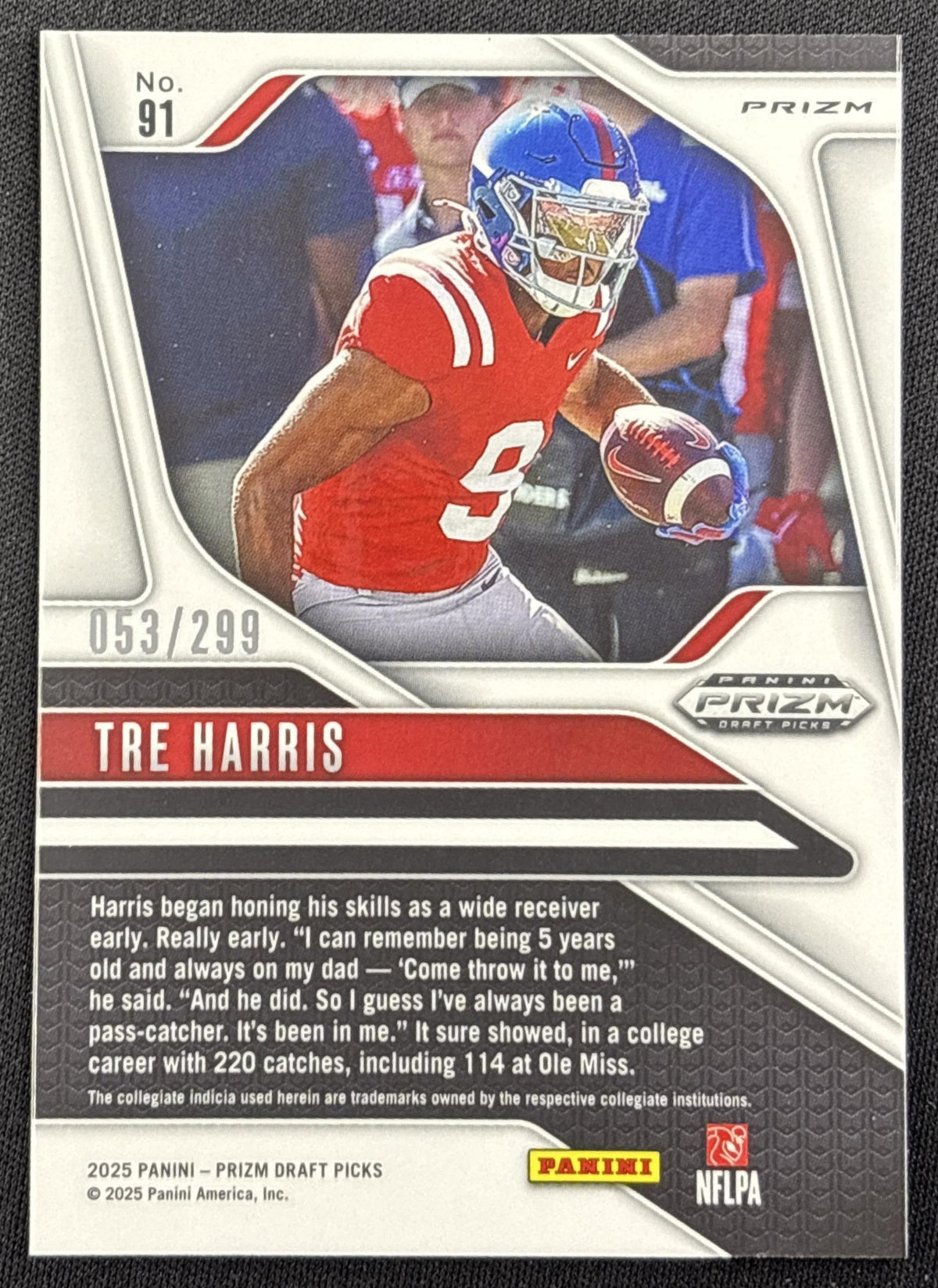 Tre Harris 2025 Panini Prizm Draft Picks Blue Wave /299 Rebels