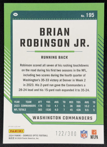 Brian Robinson Jr. 2024 Panini Donruss Optic Wave /300 Commanders back