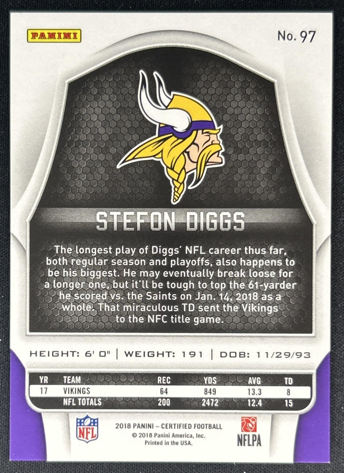 Stefon Diggs 2018 Panini Certified Mirror Silver /499 Vikings back