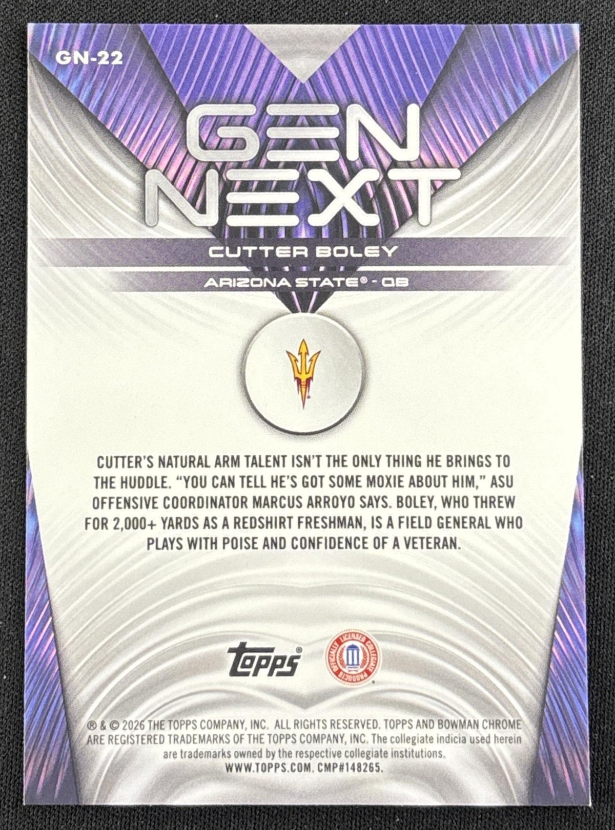 Cutter Boley 2026 Bowman Gen Next Sun Devils back