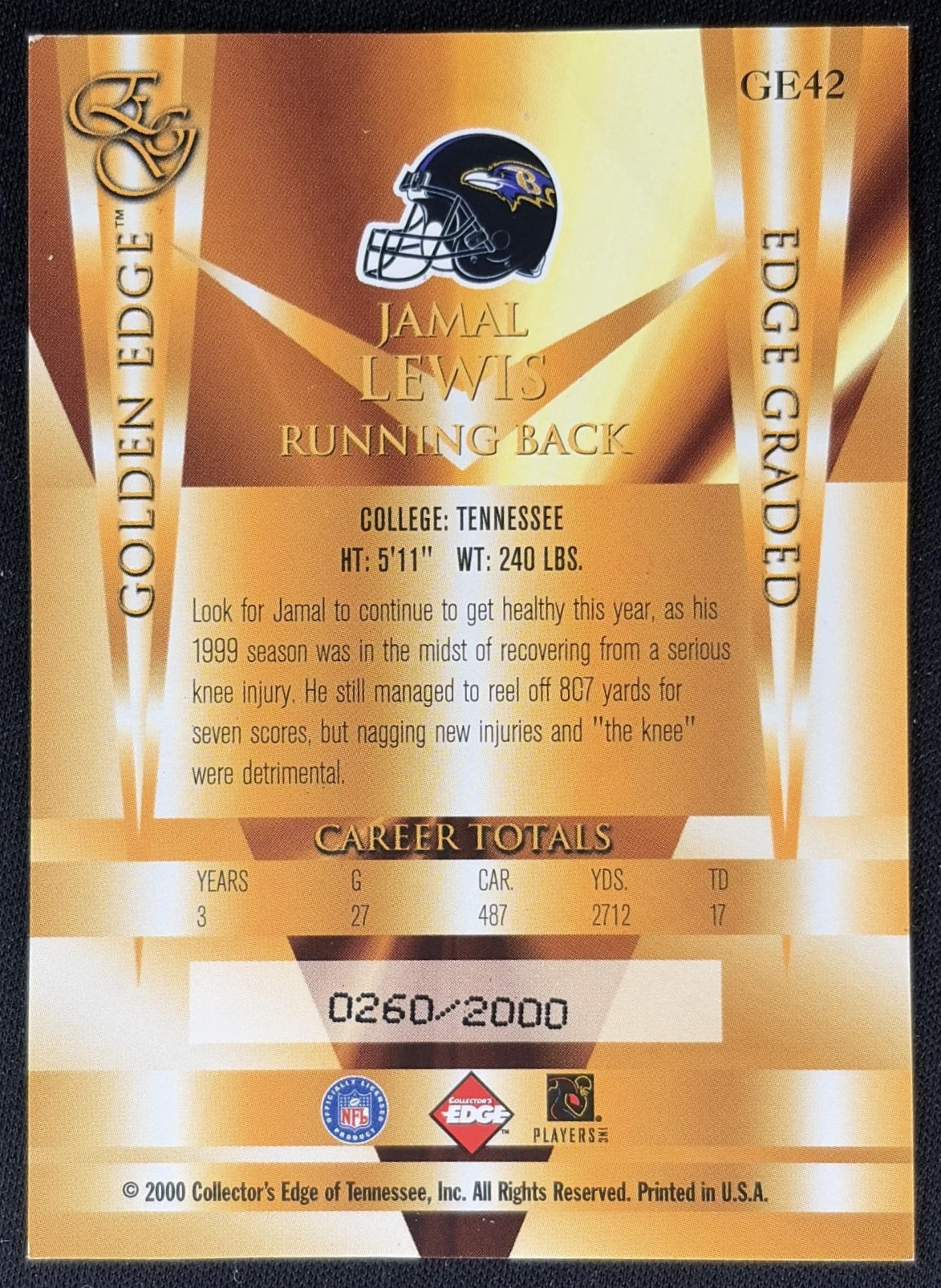 Jamal Lewis 2000 Collector's Edge EG Golden /2000 Ravens Sports Trading Cards