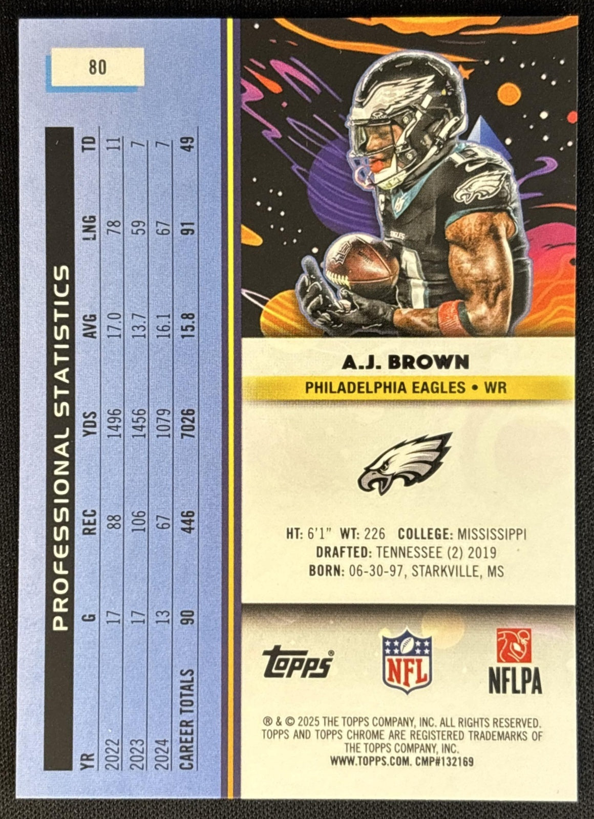 A.J. Brown 2025 Topps Cosmic Chrome Blue Moon Refractor /99 Eagles back