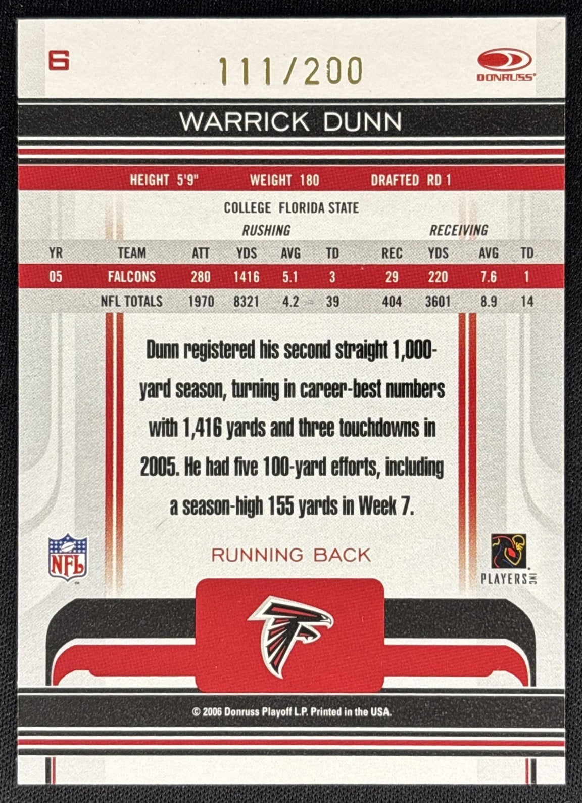 Warrick Dunn 2006 Donruss Gridiron Gear Gold Holofoil /200 Falcons back