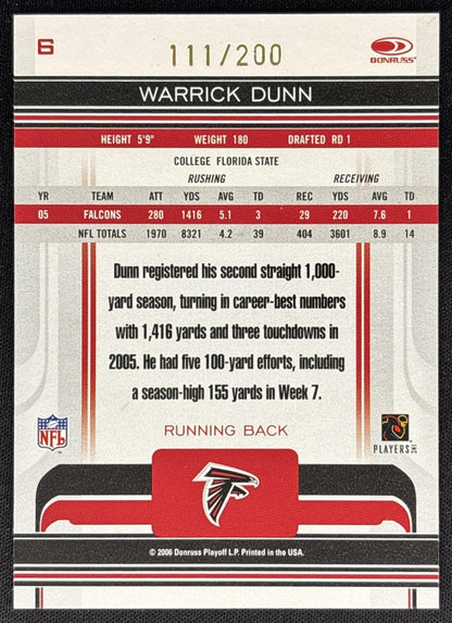 Warrick Dunn 2006 Donruss Gridiron Gear Gold Holofoil /200 Falcons back
