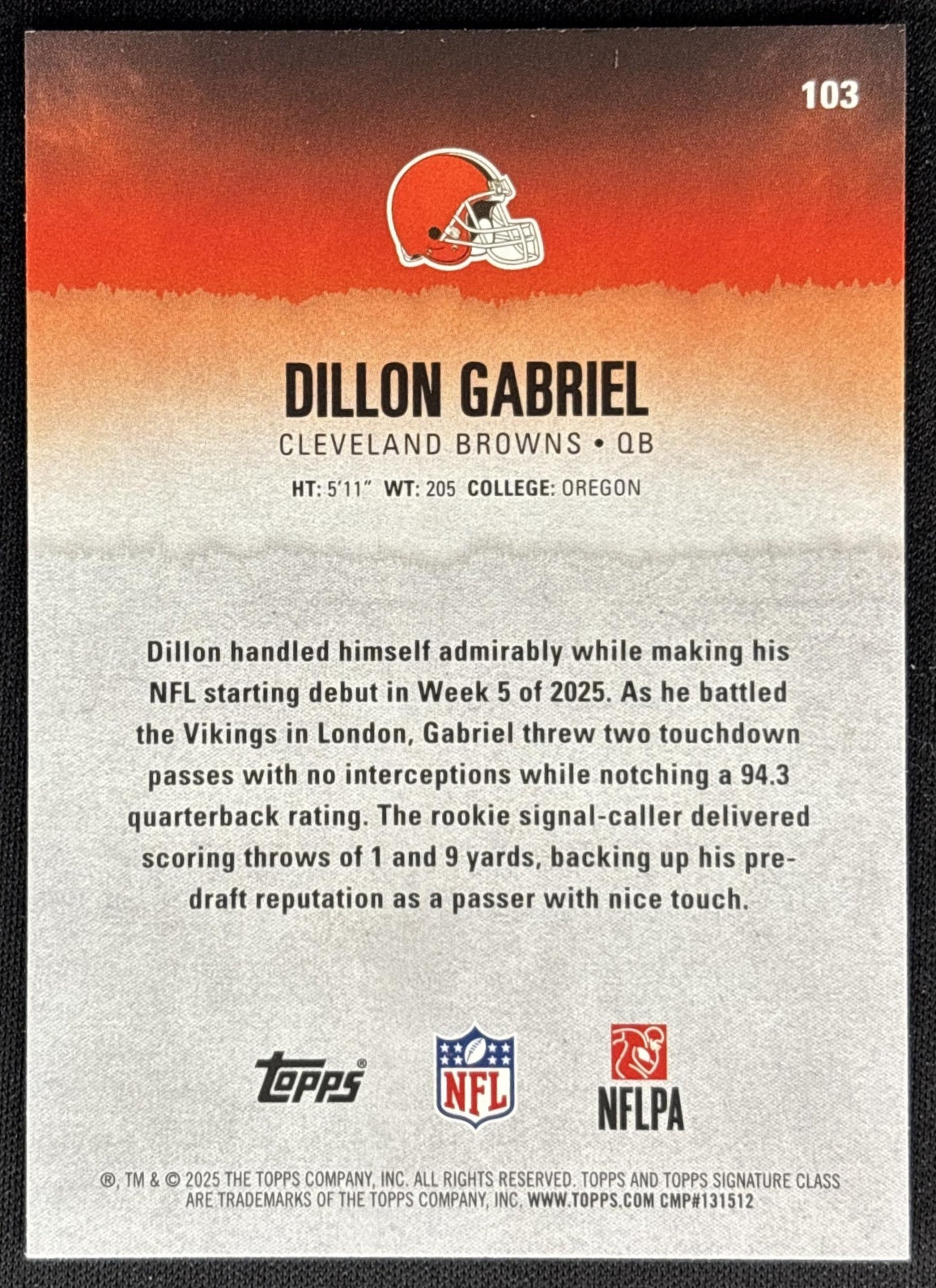 Dillon Gabriel 2025 Topps Signature Class Rookie Browns back