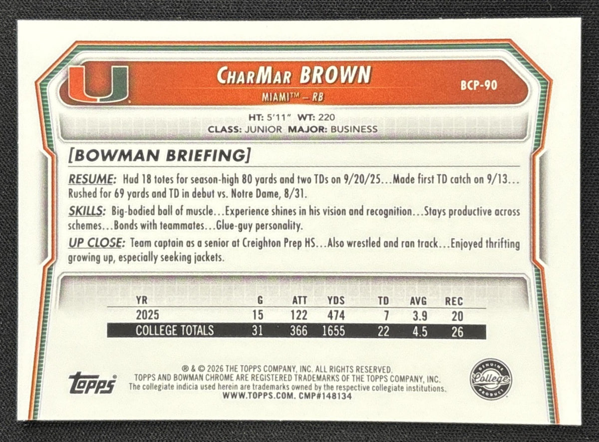 CharMar Brown 2026 Bowman Chrome Prospects Mojo Refractor Hurricanes