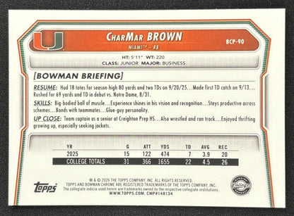 CharMar Brown 2026 Bowman Chrome Prospects Mojo Refractor Hurricanes