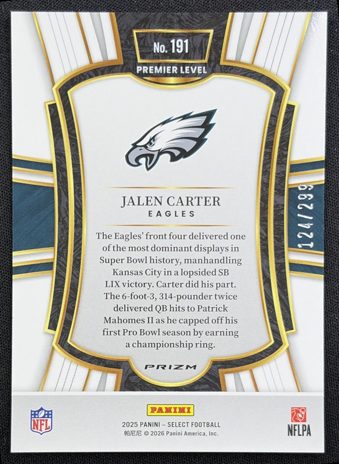 Jalen Carter 2025 Panini Select Premier Level Tri-Color Prizm /299 Eagles back