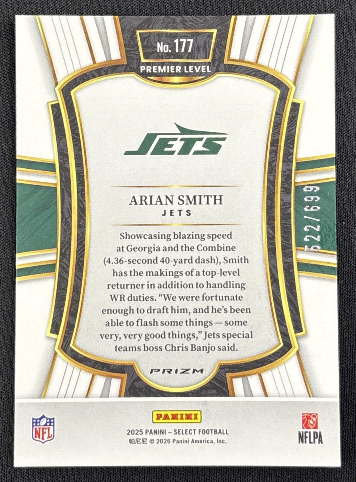 Arian Smith 2025 Panini Select Premier Level Neon Green Prizm Shock /699 Jets