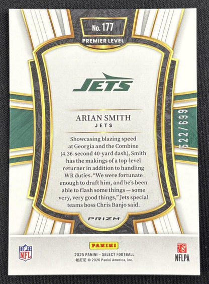 Arian Smith 2025 Panini Select Premier Level Neon Green Prizm Shock /699 Jets