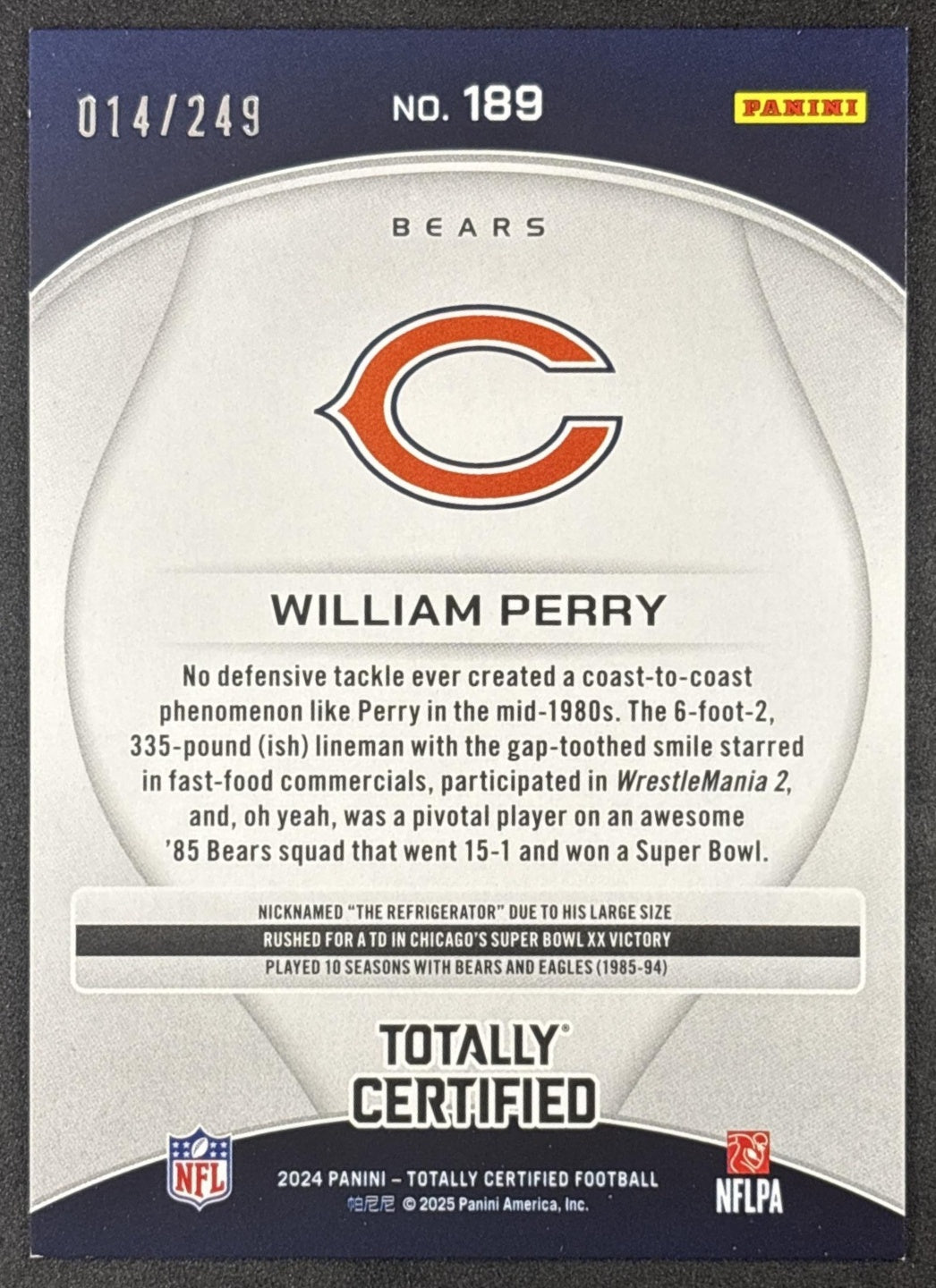 William Perry 2024 Panini Totally Certified Legends Mirror Red /249 Bears Chicago Bears Sports Trading Cards