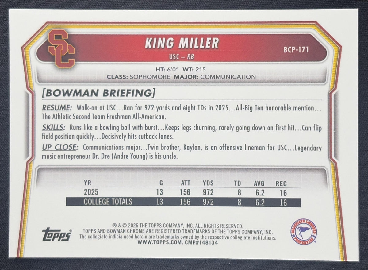 King Miller 2026 Bowman Chrome Prospects Mojo Refractor Trojans